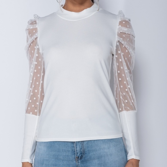 Cassie White Polka Dot Sheer Sleeve Blouse Top - Picture 3 of 8